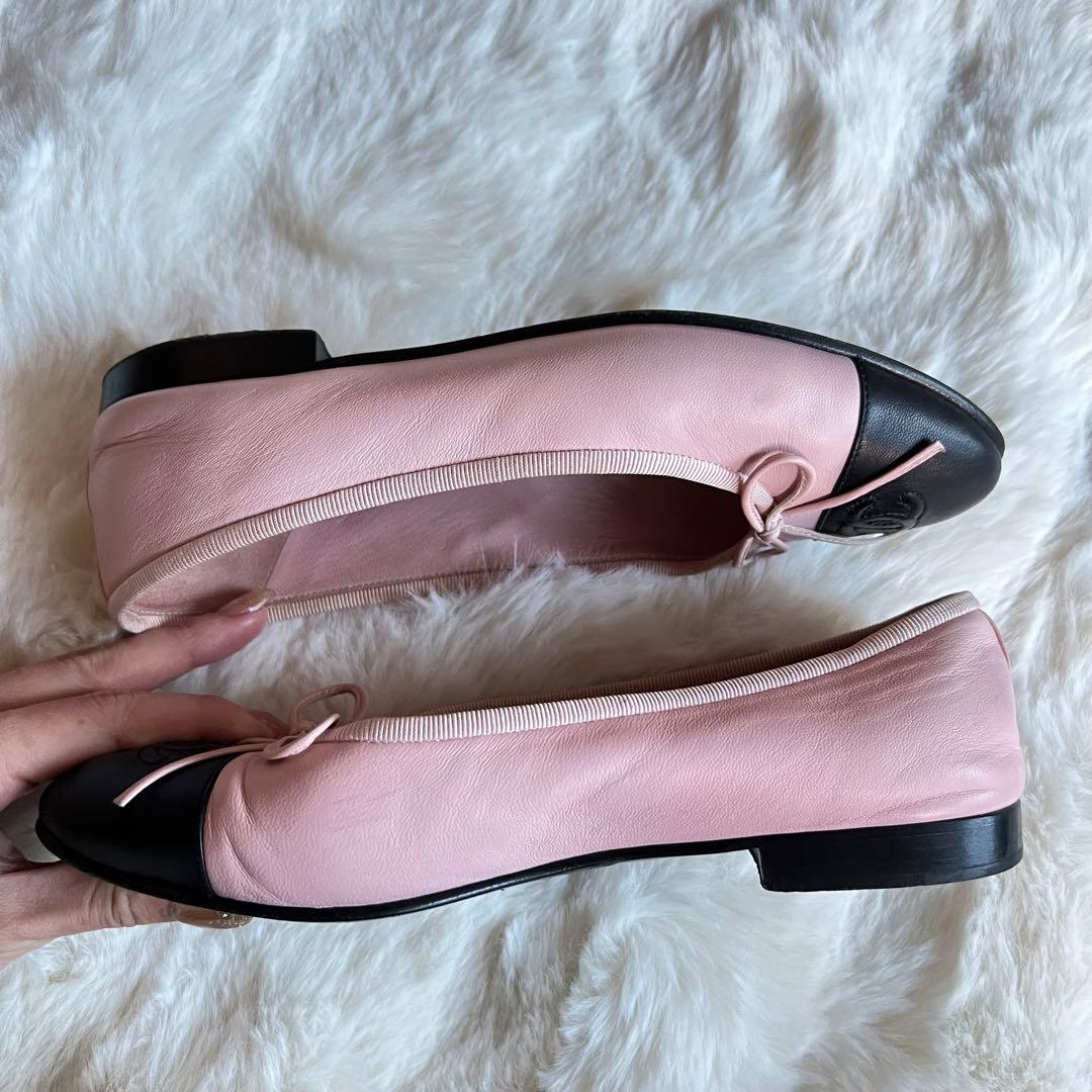 美品 CHANEL ココマーク リボンバレエシューズ ピンク ブラック