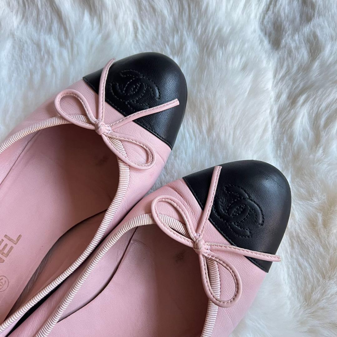 美品 CHANEL ココマーク リボンバレエシューズ ピンク ブラック