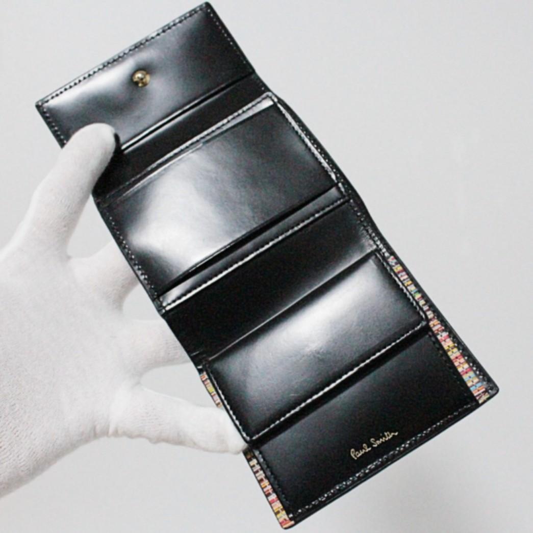 新品 ポールスミス シャイニーレザー 内ストライプ コンパクト折り財布 黒