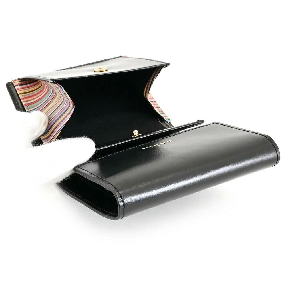 新品 ポールスミス シャイニーレザー 内ストライプ コンパクト折り財布 黒