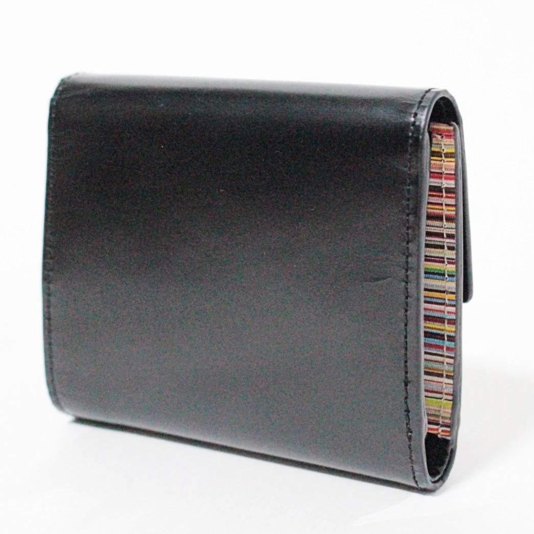 新品 ポールスミス シャイニーレザー 内ストライプ コンパクト折り財布 黒