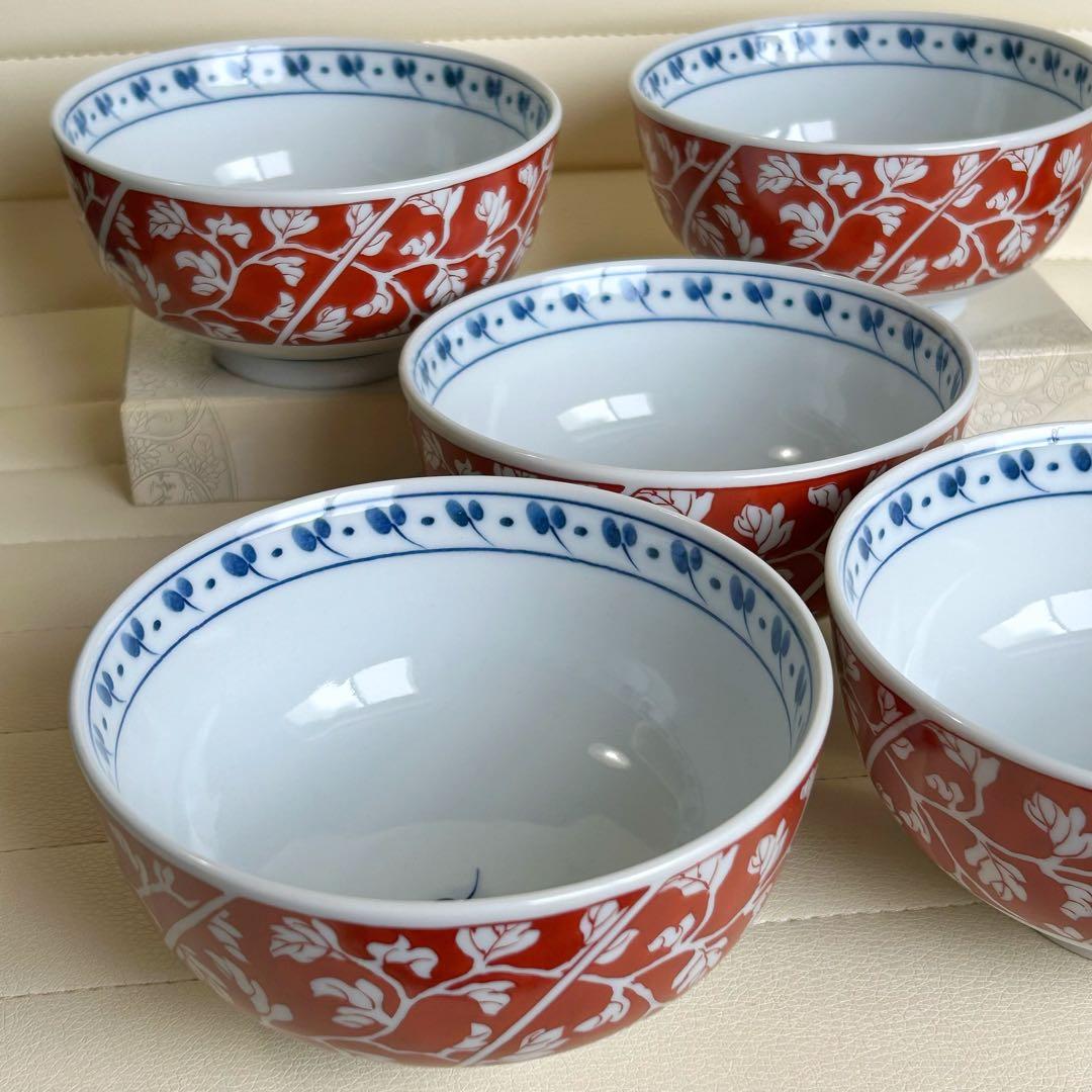 有田焼　清秀　赤絵唐草　丼ぶり揃　5客セット　色絵　どんぶり　中鉢　ボウル　和柄