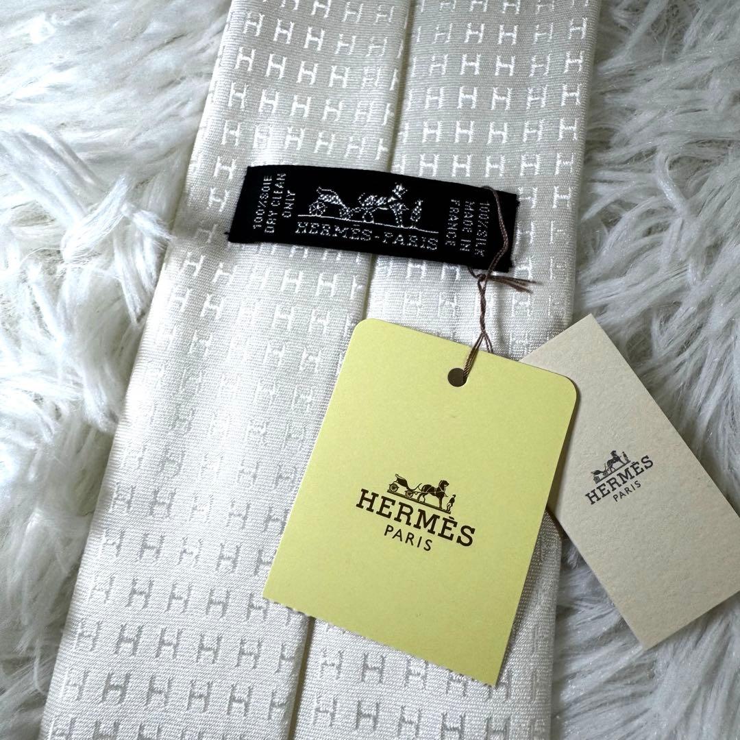 エルメス ネクタイ ファソネH シルク100％ ホワイト系 タグ付き 良品