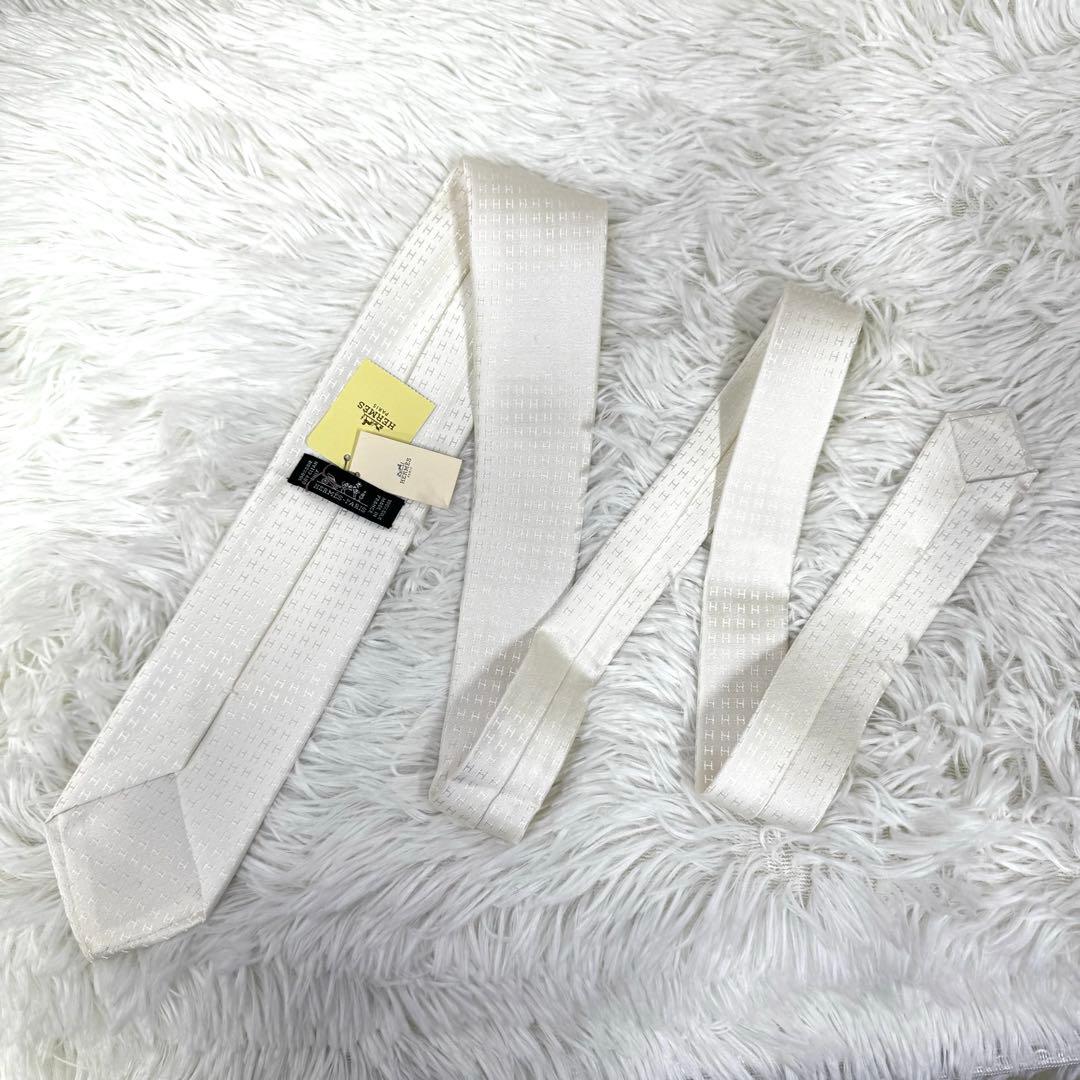 エルメス ネクタイ ファソネH シルク100％ ホワイト系 タグ付き 良品
