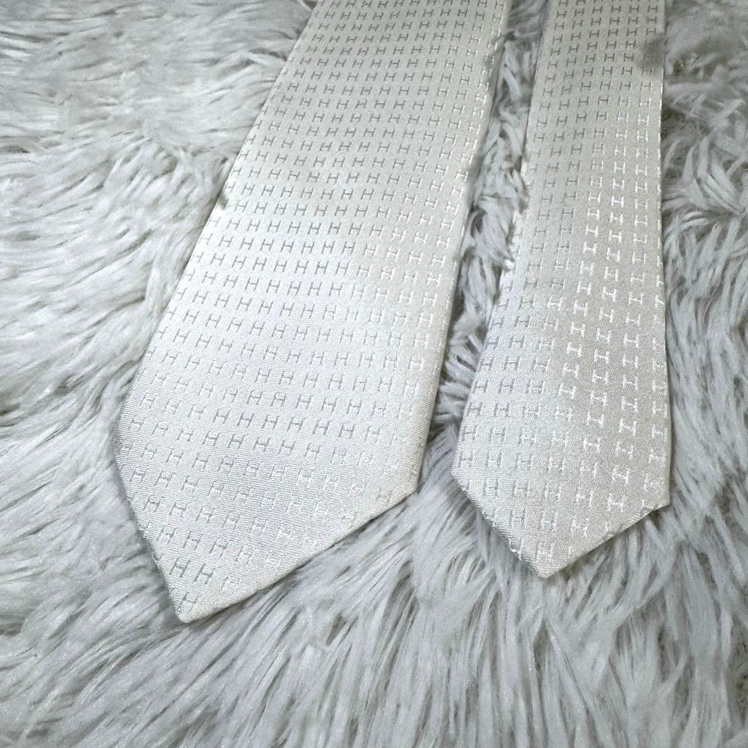 エルメス ネクタイ ファソネH シルク100％ ホワイト系 タグ付き 良品