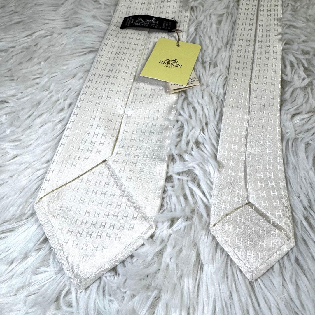 エルメス ネクタイ ファソネH シルク100％ ホワイト系 タグ付き 良品