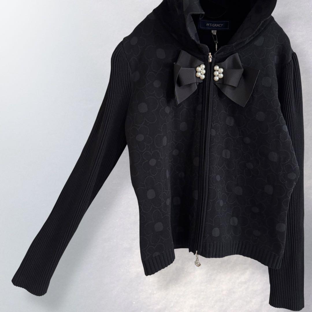 新品 エムズグレイシー デイジー柄 パール リボンパーカー 花柄 L《663