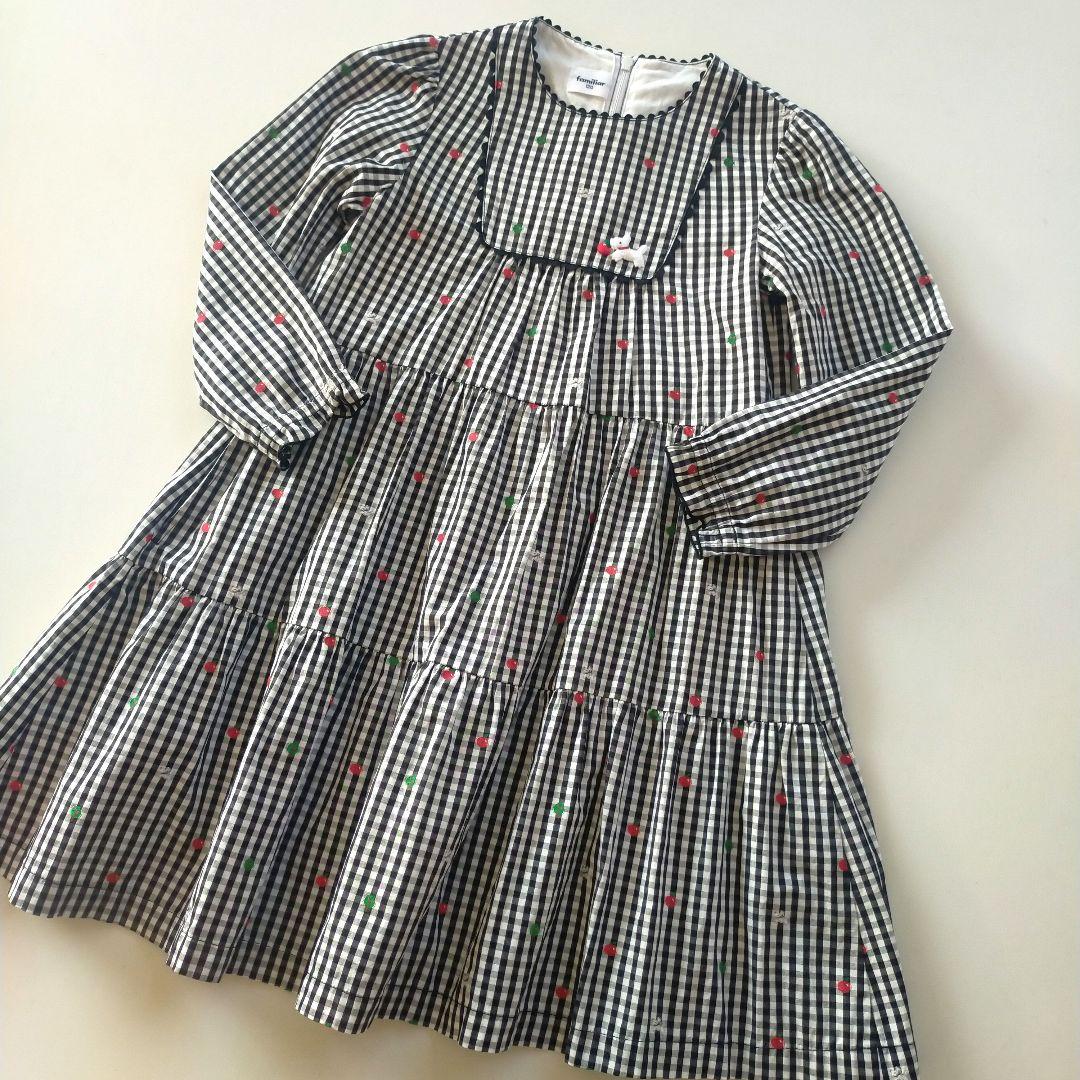 美品★2022SS★120cm familia 黒ギンガムチェック長袖ワンピース
