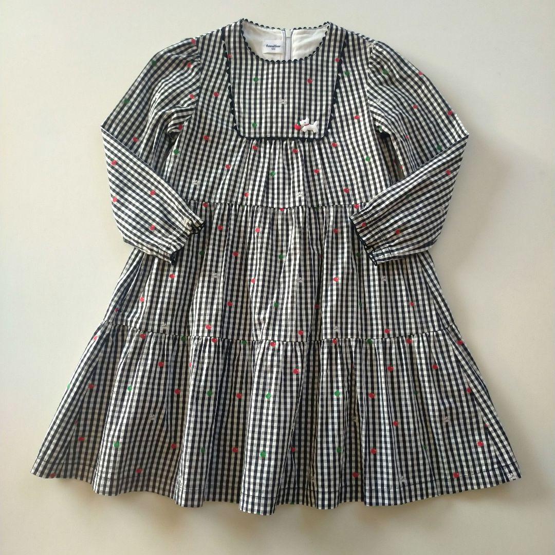 美品★2022SS★120cm familia 黒ギンガムチェック長袖ワンピース