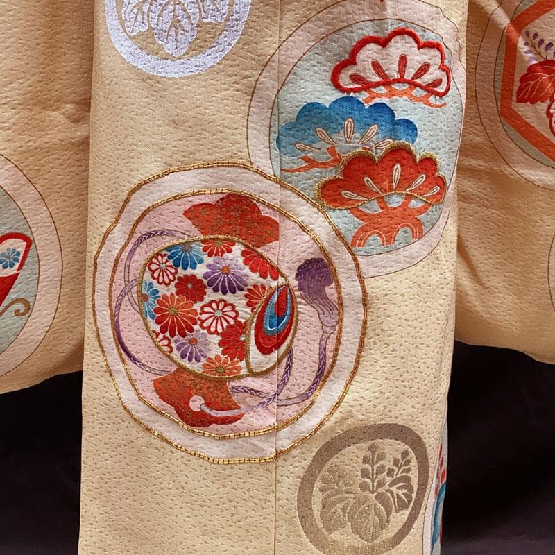 411ag82着物と帯のみ◎七五三 七歳 女児 着物&丸帯 セミアンティーク 黄