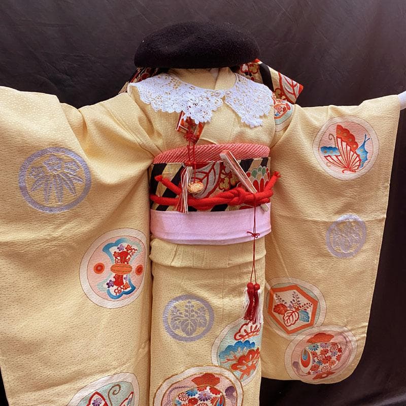411ag82着物と帯のみ◎七五三 七歳 女児 着物&丸帯 セミアンティーク 黄