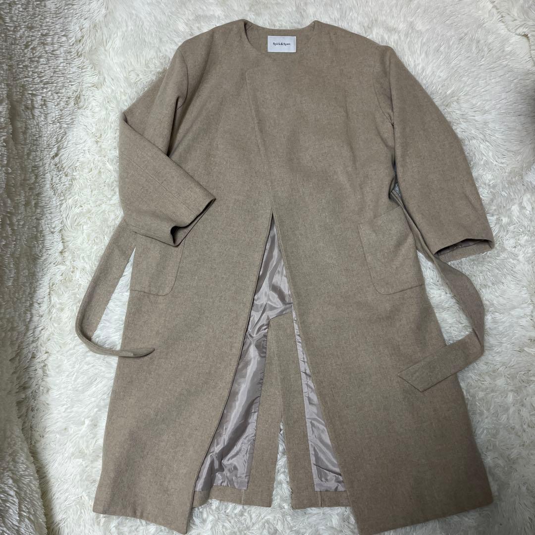 最終値下げ！スピックアンドスパン　ノーカラーロングコート ウール100%