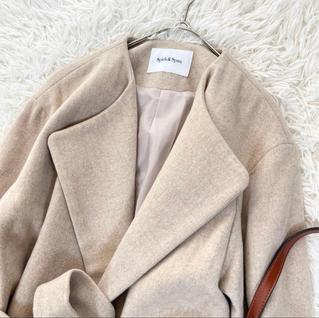 最終値下げ！スピックアンドスパン　ノーカラーロングコート ウール100%