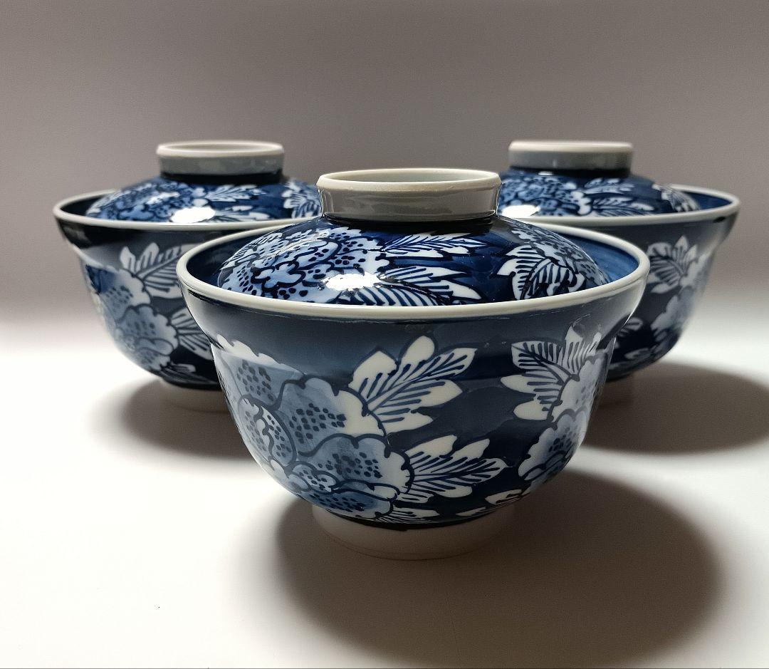 ② 源右衛門窯 染付 牡丹絵 蓋物 小丼 蒸碗 3客組 未使用品