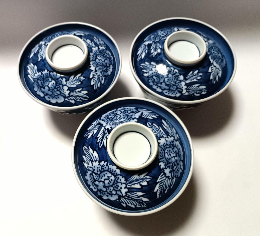 ② 源右衛門窯 染付 牡丹絵 蓋物 小丼 蒸碗 3客組 未使用品
