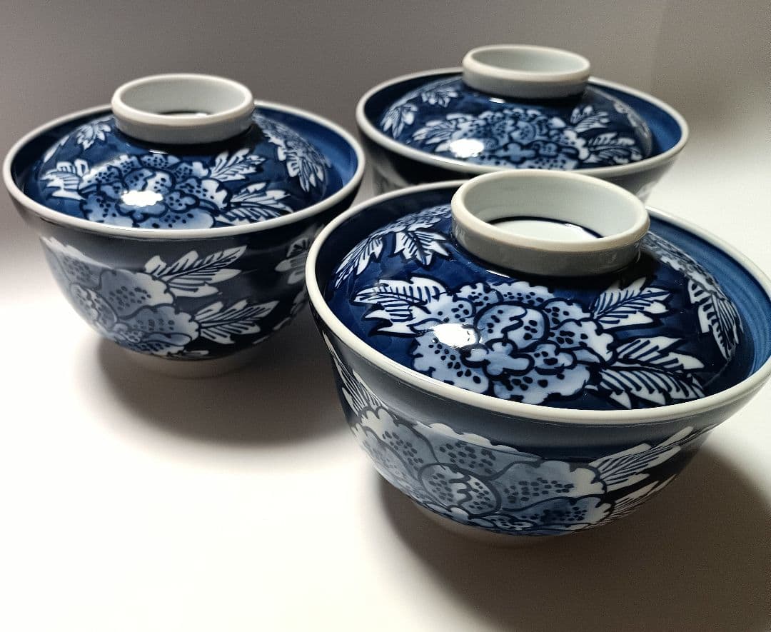 ② 源右衛門窯 染付 牡丹絵 蓋物 小丼 蒸碗 3客組 未使用品