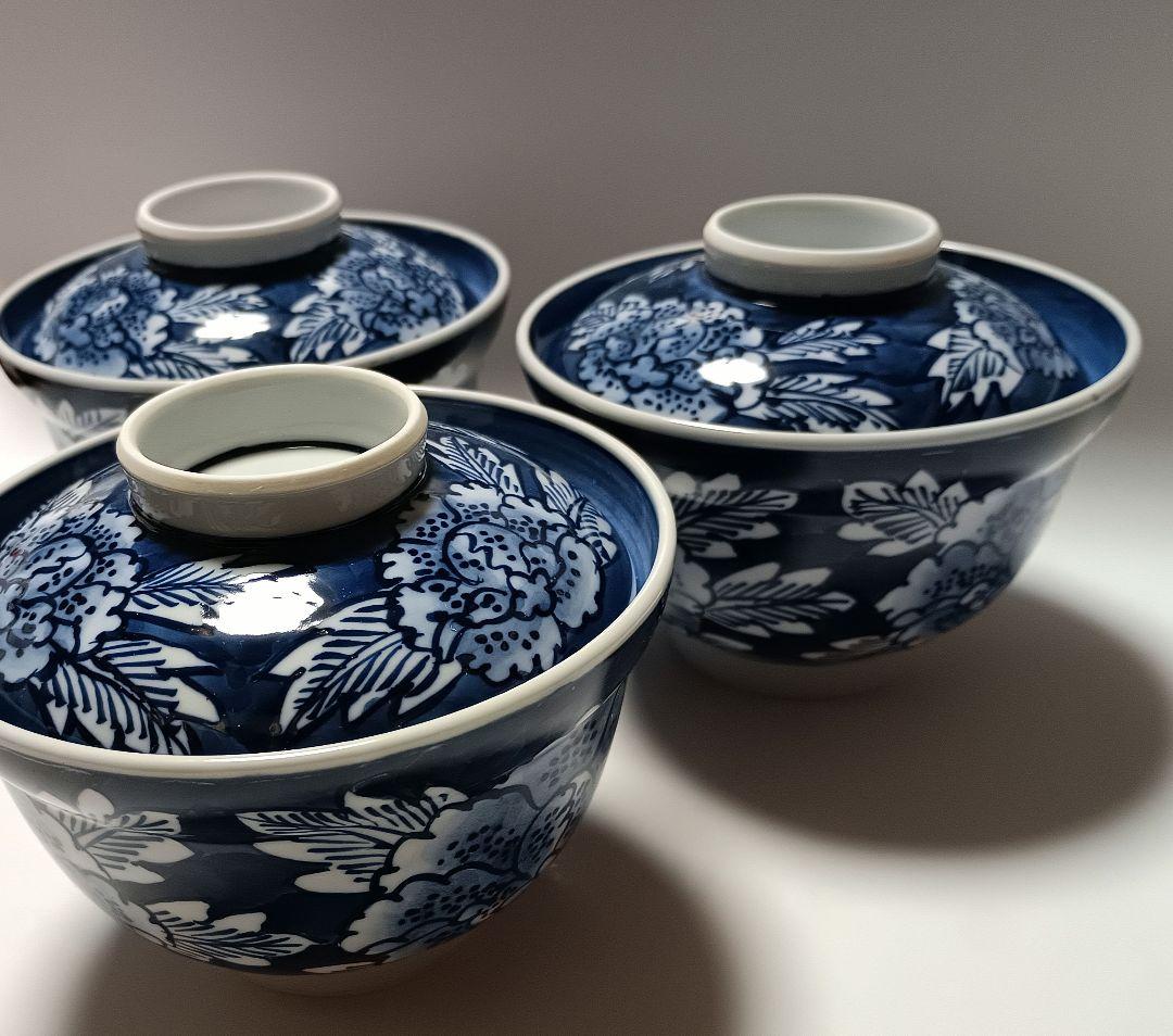 ② 源右衛門窯 染付 牡丹絵 蓋物 小丼 蒸碗 3客組 未使用品