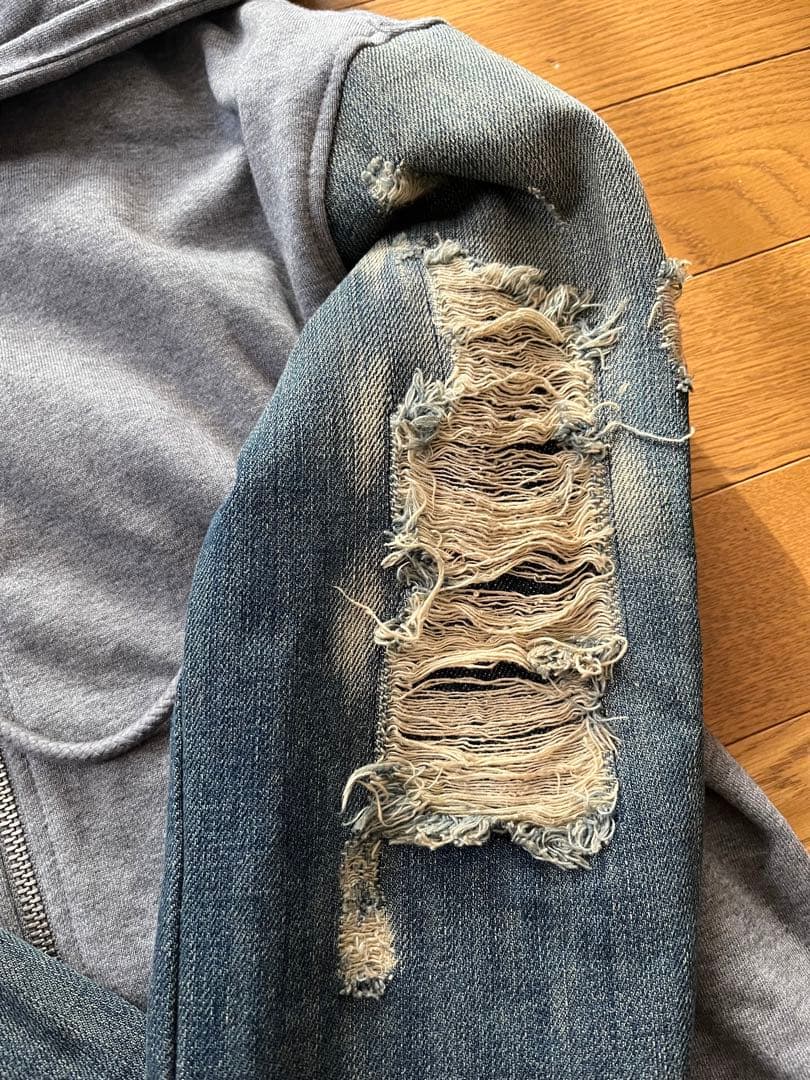 【未使用】DIESELディーゼル ダメージ加工 袖デニムパーカー