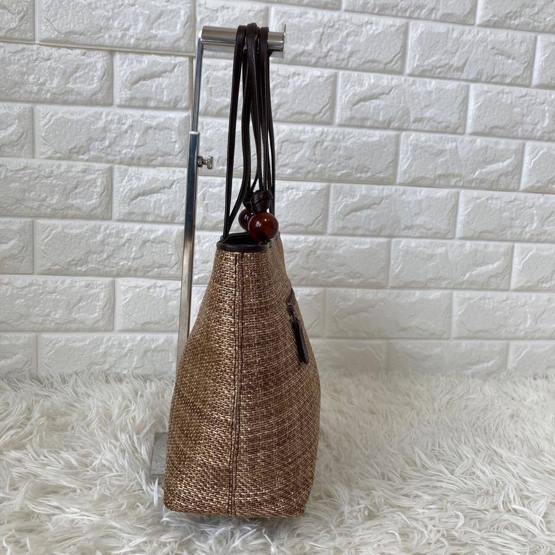 キタムラ✨かごバッグ　レザー　トートバッグ　夏　編み込み　保存袋　自立　異素材