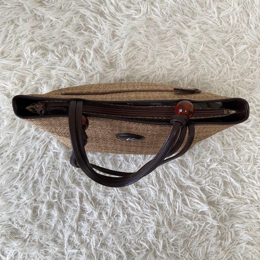 キタムラ✨かごバッグ　レザー　トートバッグ　夏　編み込み　保存袋　自立　異素材