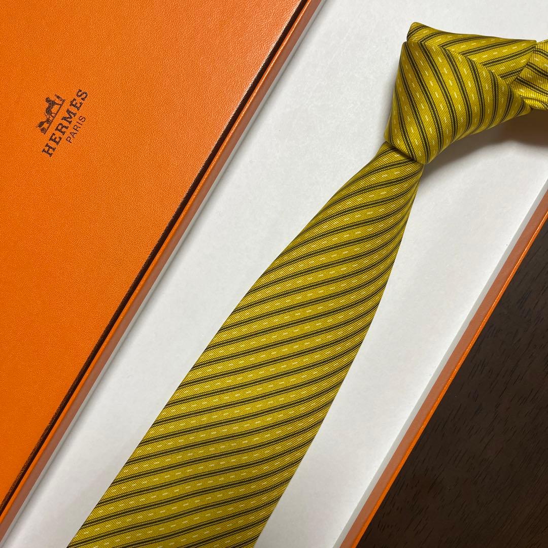美品　エルメス　ネクタイ　黄色　ストライプ　シルクジャガード