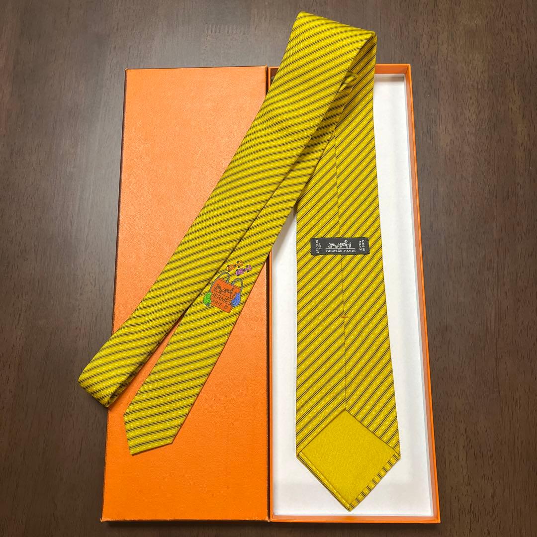 美品　エルメス　ネクタイ　黄色　ストライプ　シルクジャガード