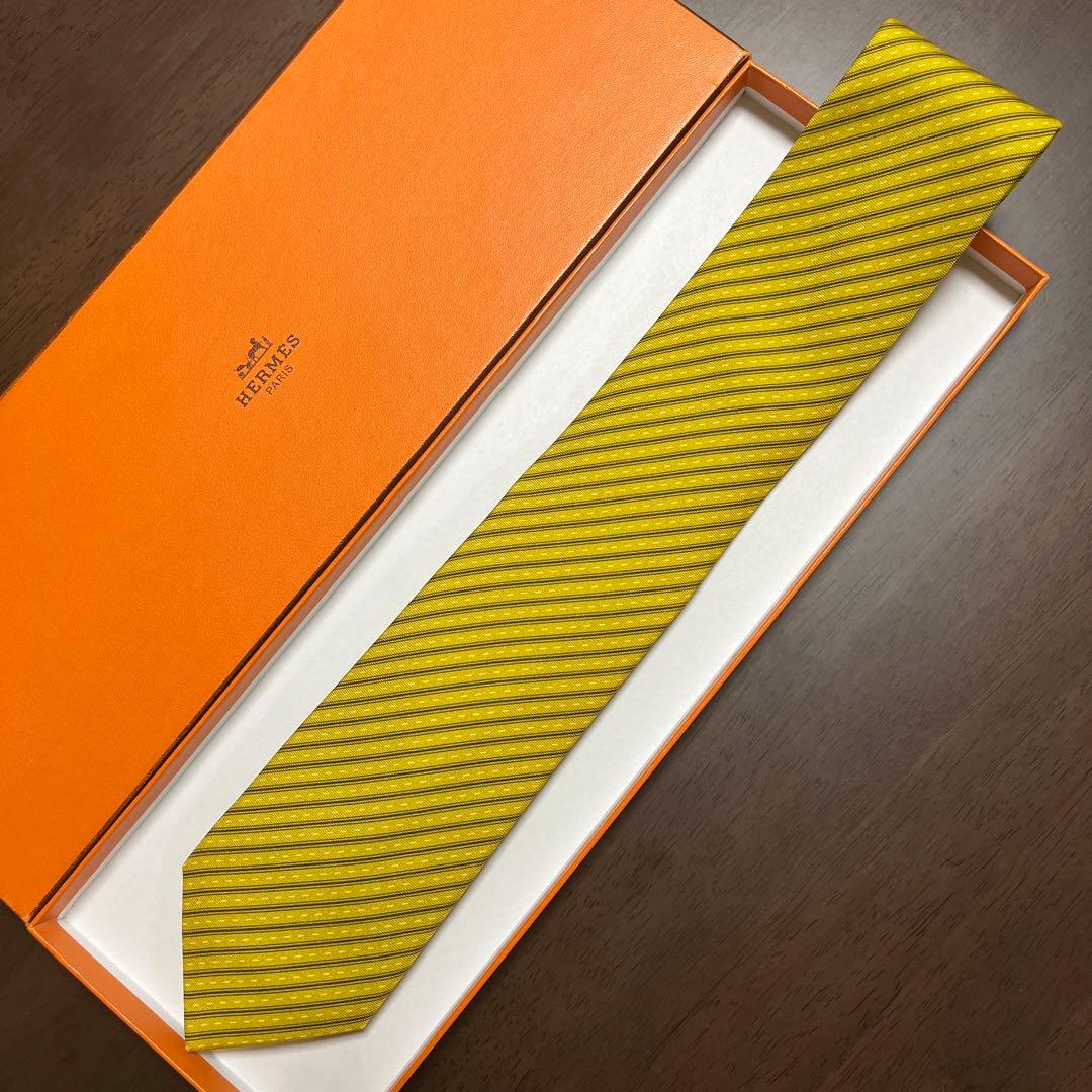 美品　エルメス　ネクタイ　黄色　ストライプ　シルクジャガード
