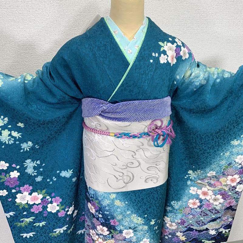 511z31.帯締め〇金通し 振袖 地紋 桜 菱 地紙 青緑〇美品 成人式