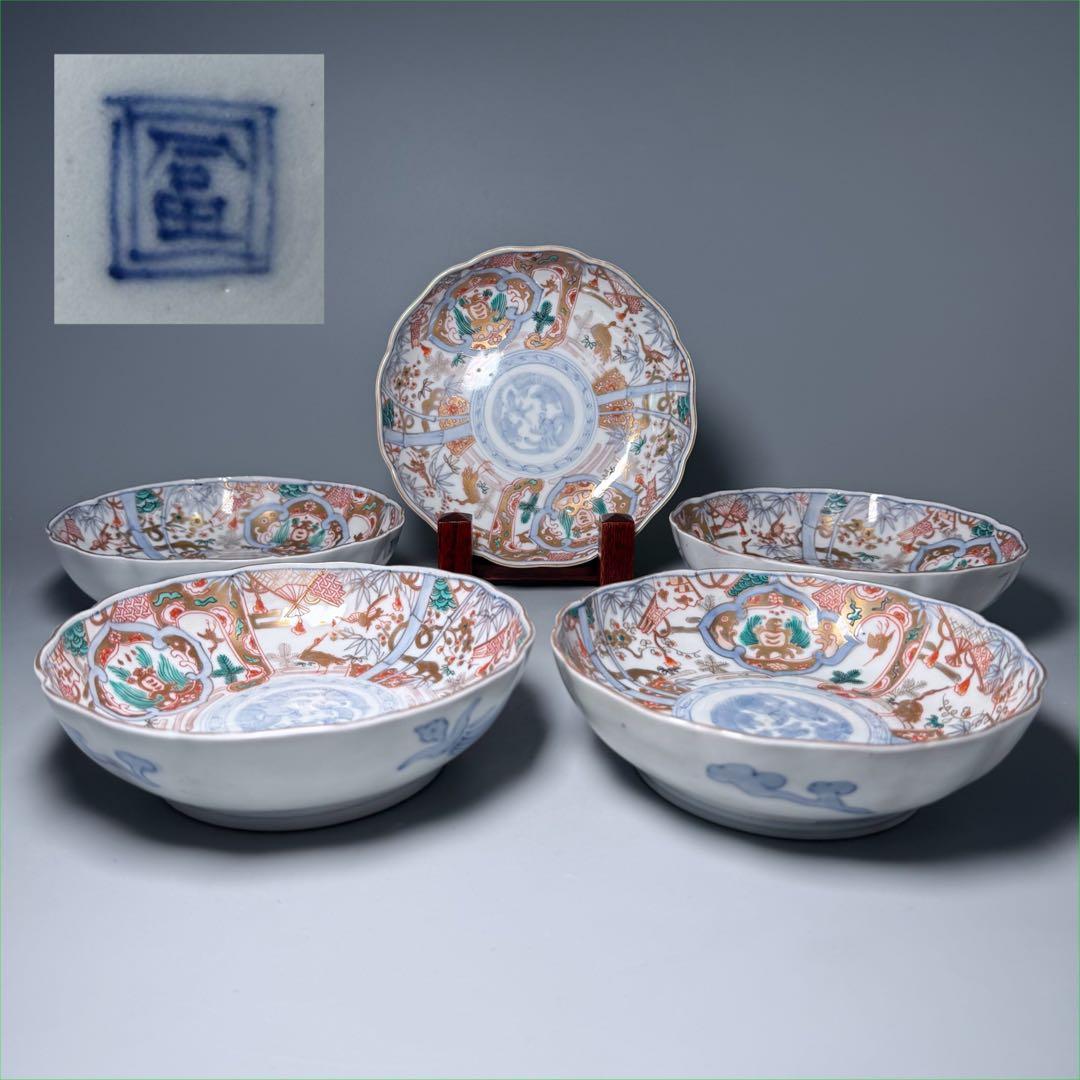 専用出品　幕末〜明治期　金蘭手　膾皿　五客　松竹梅　鶴　扇子　角冨印　上物