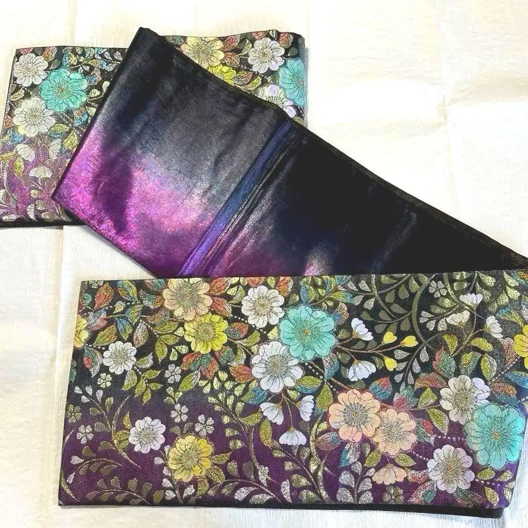 正絹　袋帯　成人式　振り袖　辻ヶ花　ラメ　ブラック　パープル