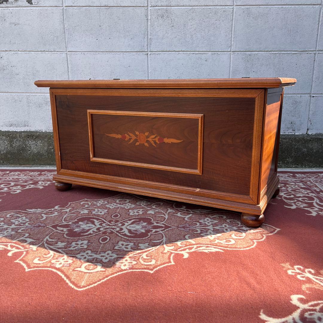 古家具ビンテージ品◾️アンティーク象嵌デザイン 木製ベンチチェスト 木製家具