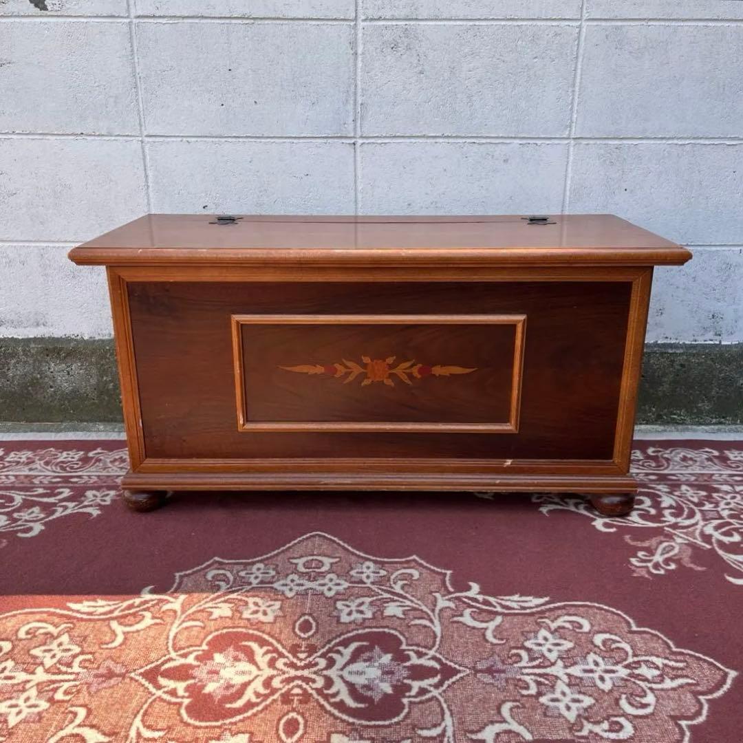 古家具ビンテージ品◾️アンティーク象嵌デザイン 木製ベンチチェスト 木製家具