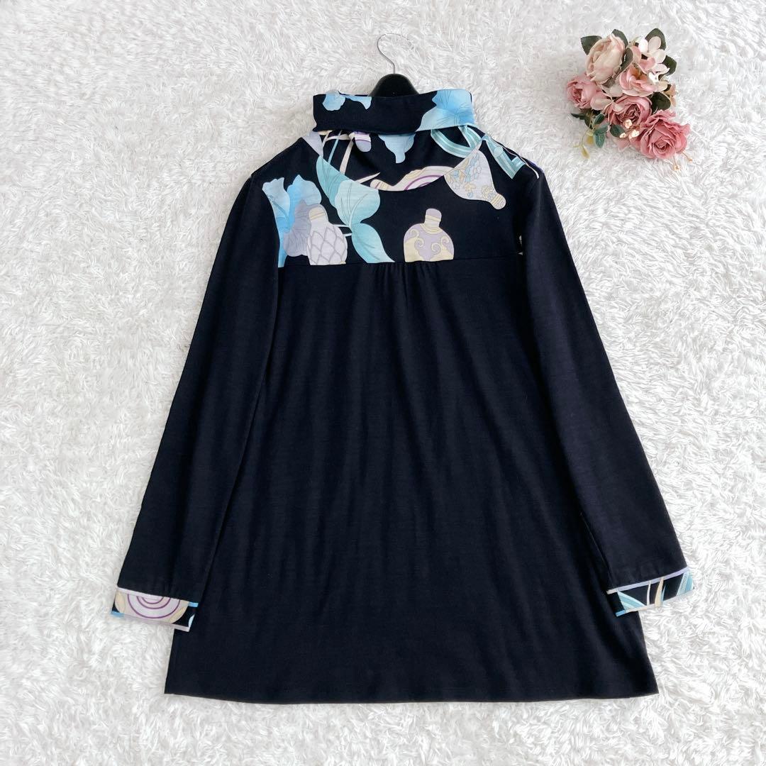 レオナール✨チュニック カットソー ハイネック トリム 花 香水柄 濃紺 M