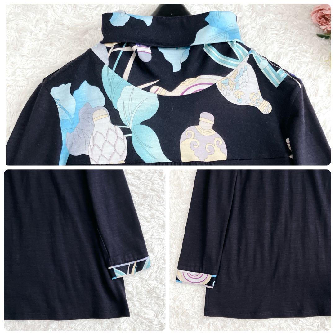 レオナール✨チュニック カットソー ハイネック トリム 花 香水柄 濃紺 M