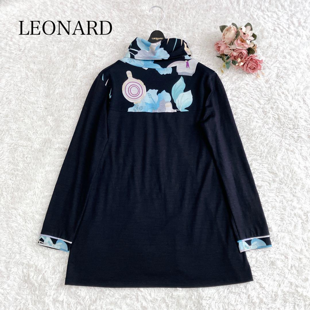 レオナール✨チュニック カットソー ハイネック トリム 花 香水柄 濃紺 M