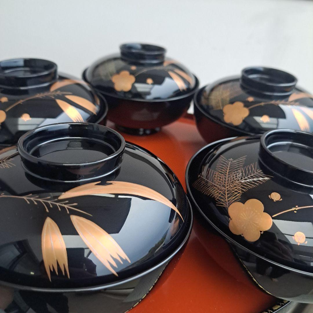 【越前\"河和田漆器　松竹梅\"蒔絵御吸物椀×5客】天然木製　祖雅堂　未使用/長期