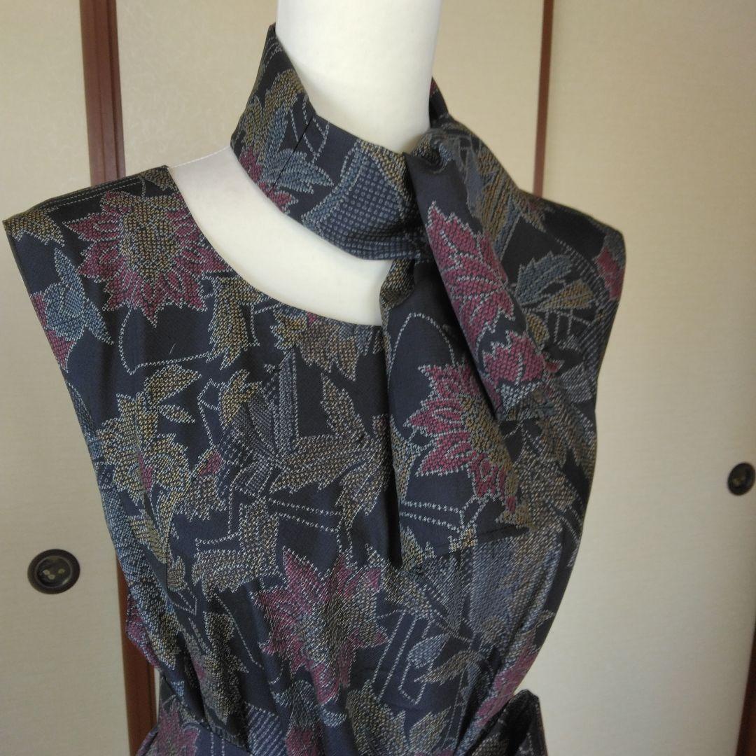 庄司さま専用　大島紬解き生地からバイアス仕立てロングフレアーワンピース2XL寸