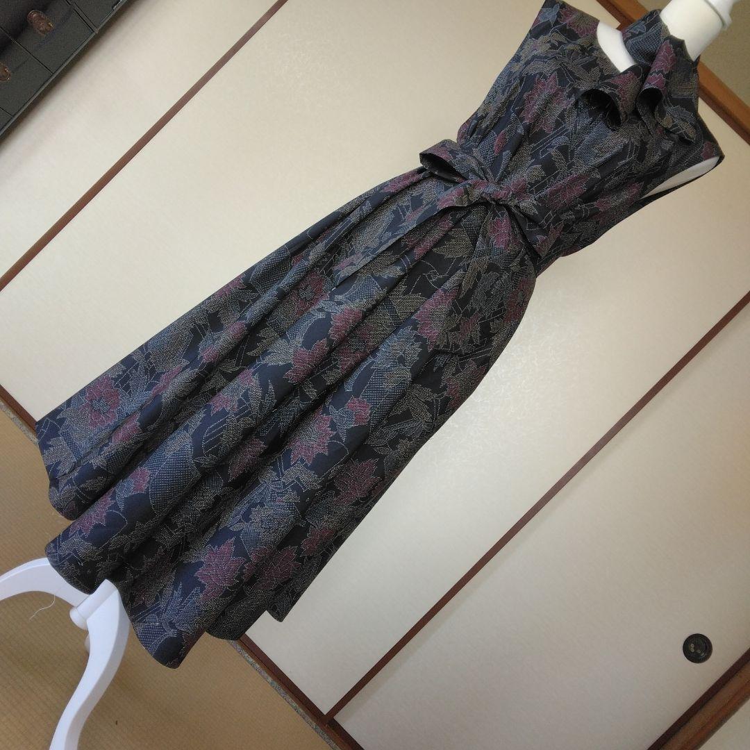 庄司さま専用　大島紬解き生地からバイアス仕立てロングフレアーワンピース2XL寸