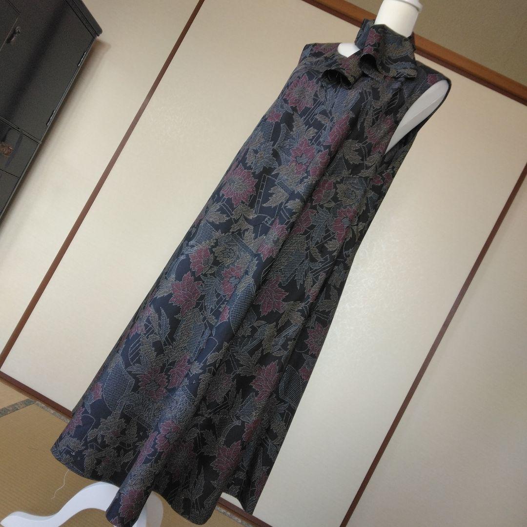 庄司さま専用　大島紬解き生地からバイアス仕立てロングフレアーワンピース2XL寸