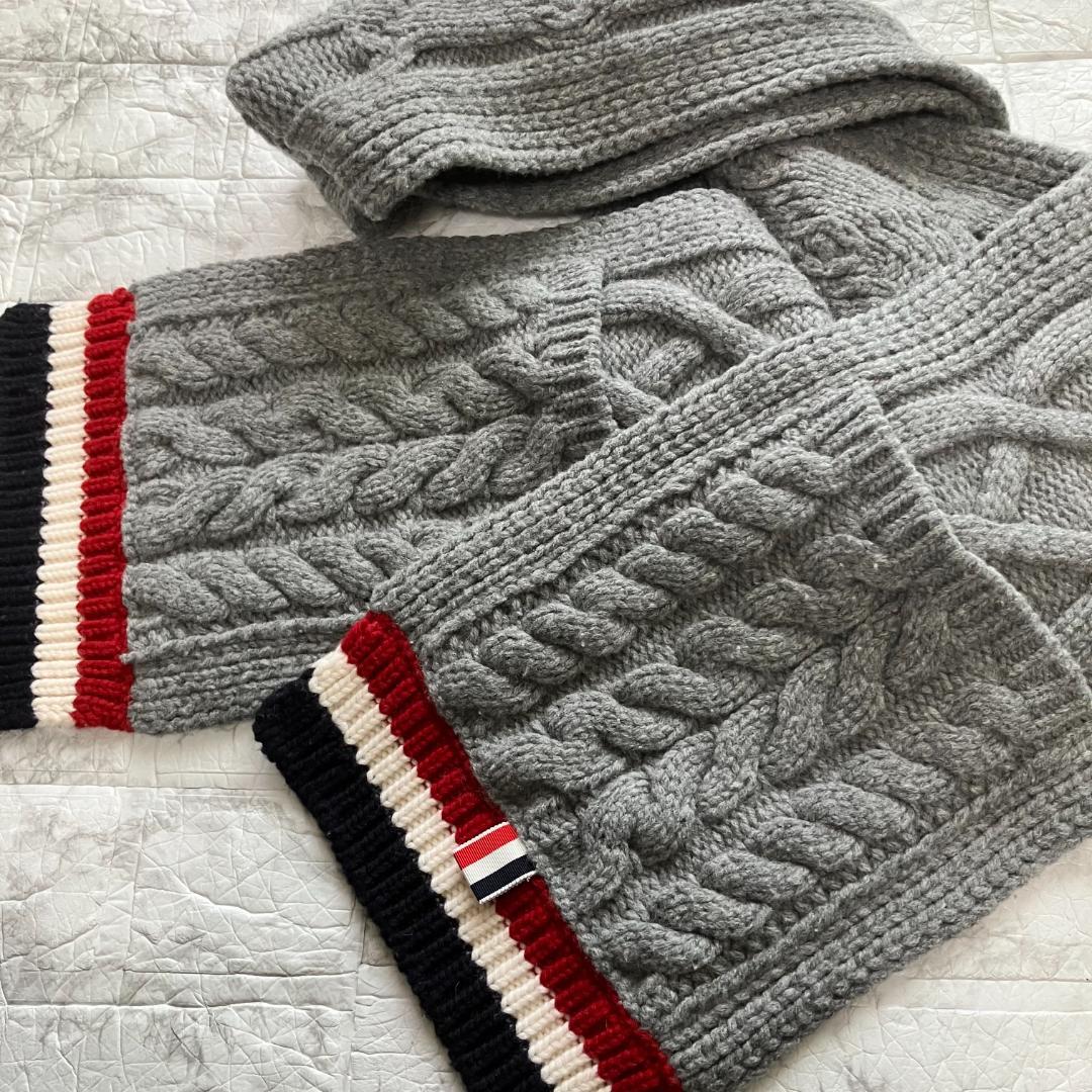 美品◎THOM BROWNE ケーブル編み マフラー 大判 グレー