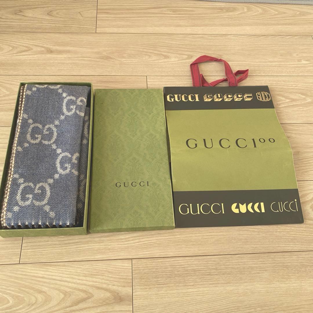 新品未使用GUCCI GGロゴマフラー デニムブルー ブラウン
