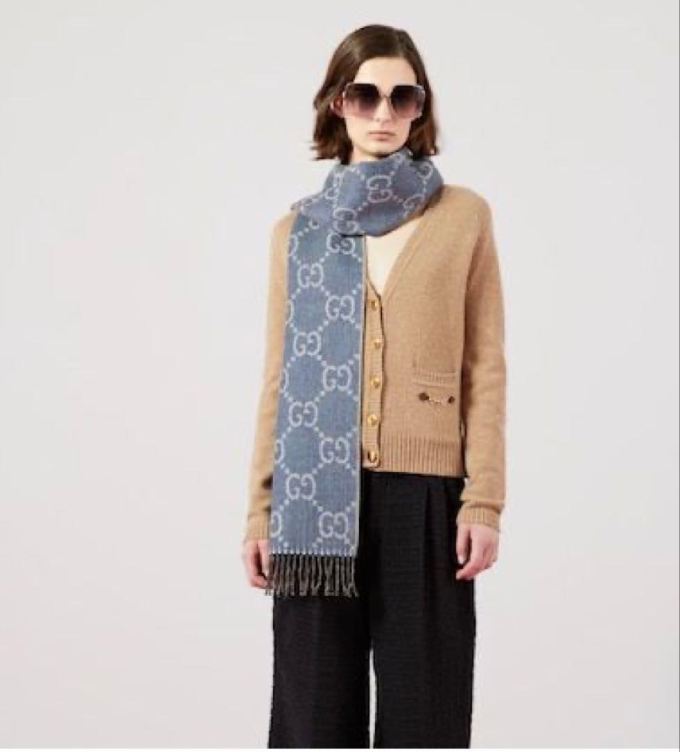 新品未使用GUCCI GGロゴマフラー デニムブルー ブラウン
