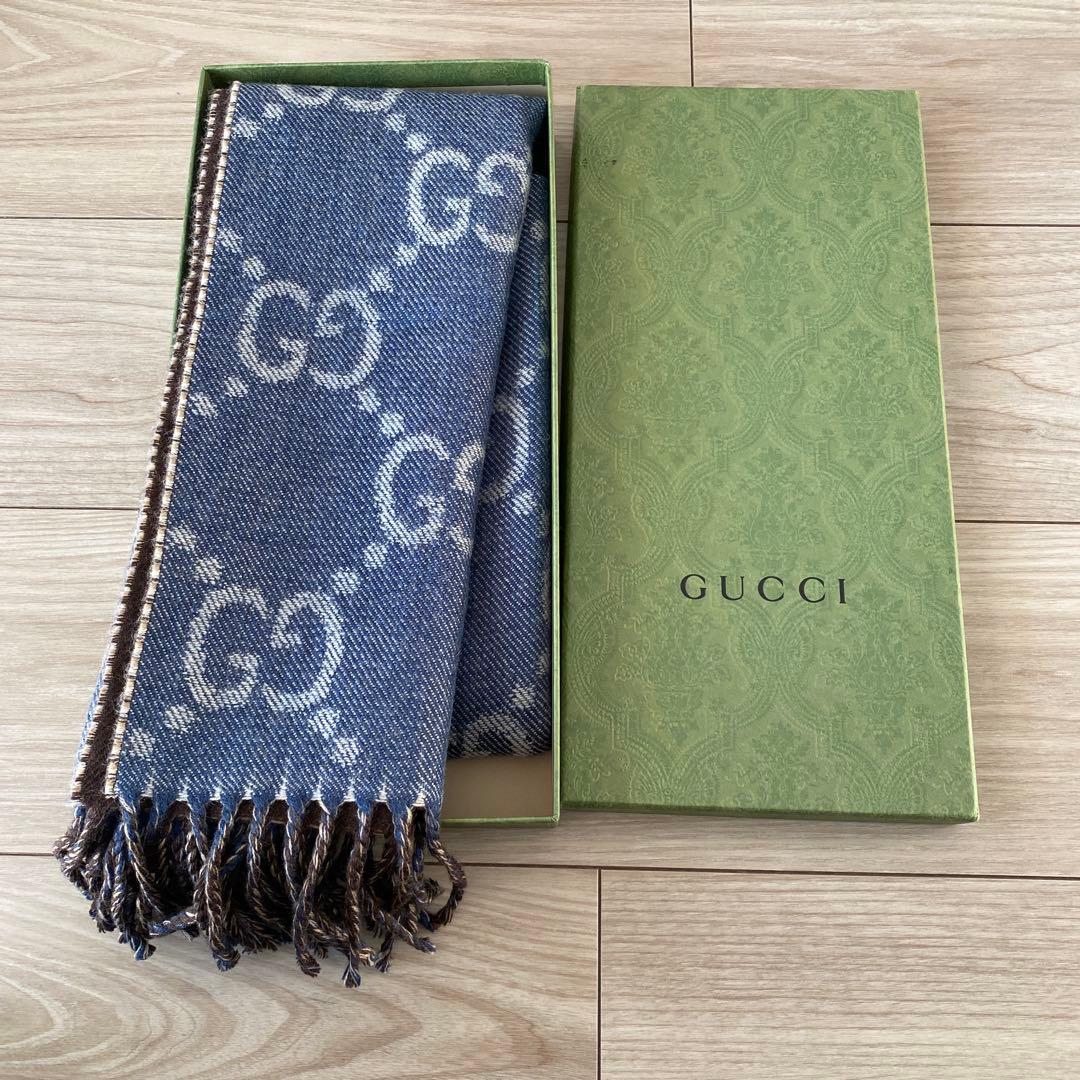 新品未使用GUCCI GGロゴマフラー デニムブルー ブラウン