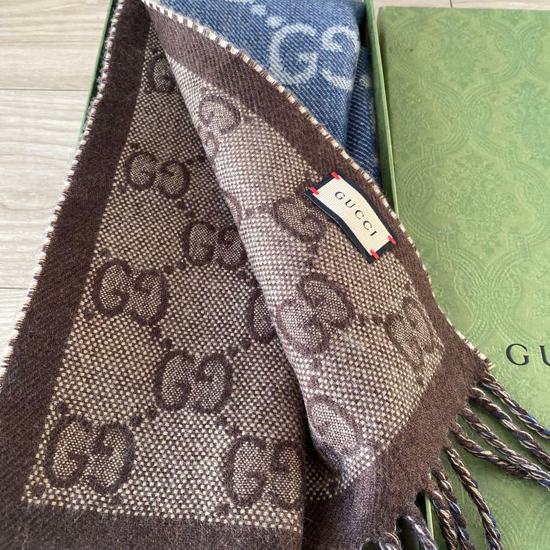 新品未使用GUCCI GGロゴマフラー デニムブルー ブラウン