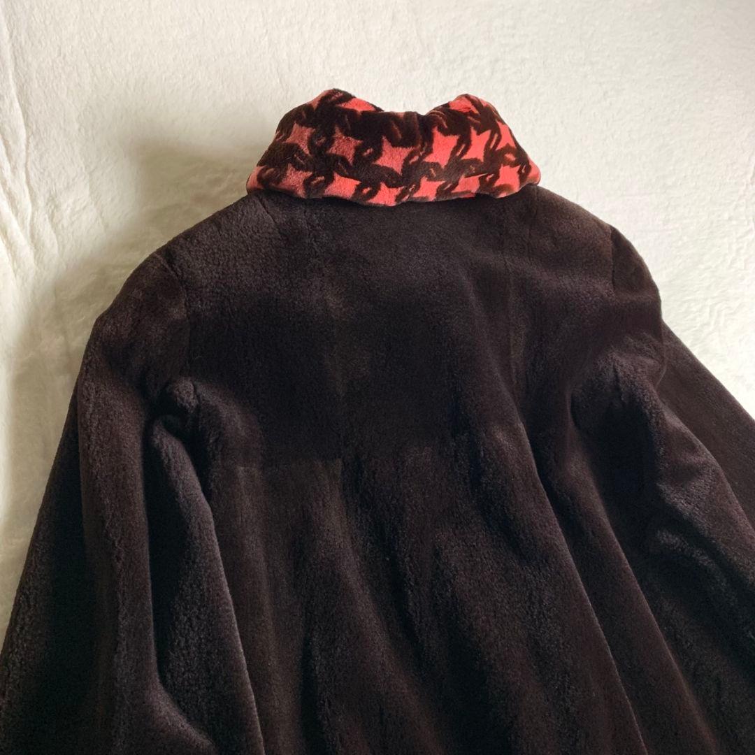 【ファーコート　サガミンク　千鳥格子柄　赤　黒　奇抜　レトロボタン　古着】