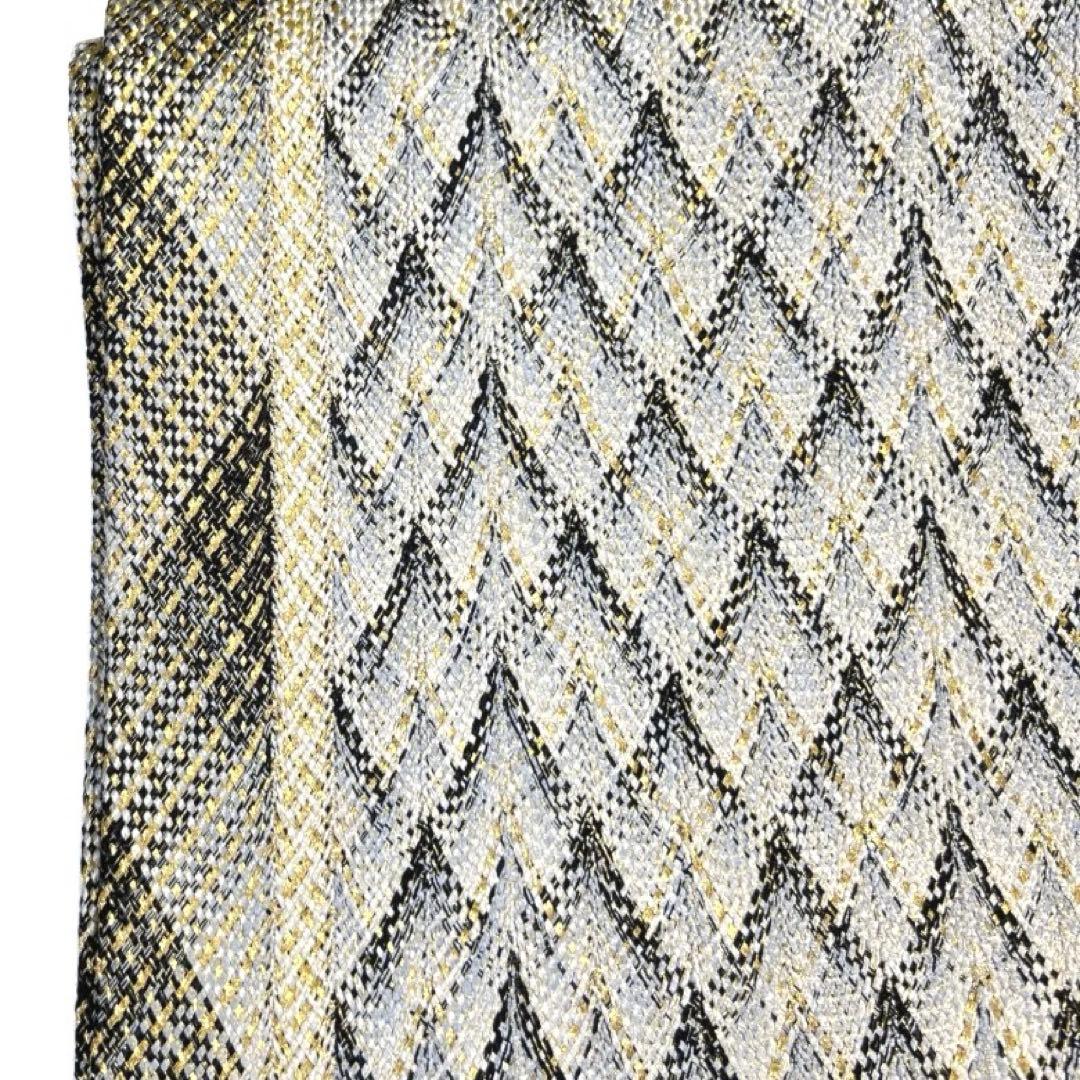 袋帯　手織り　縦縞　菱　抽象模様　金糸　着物　084a d