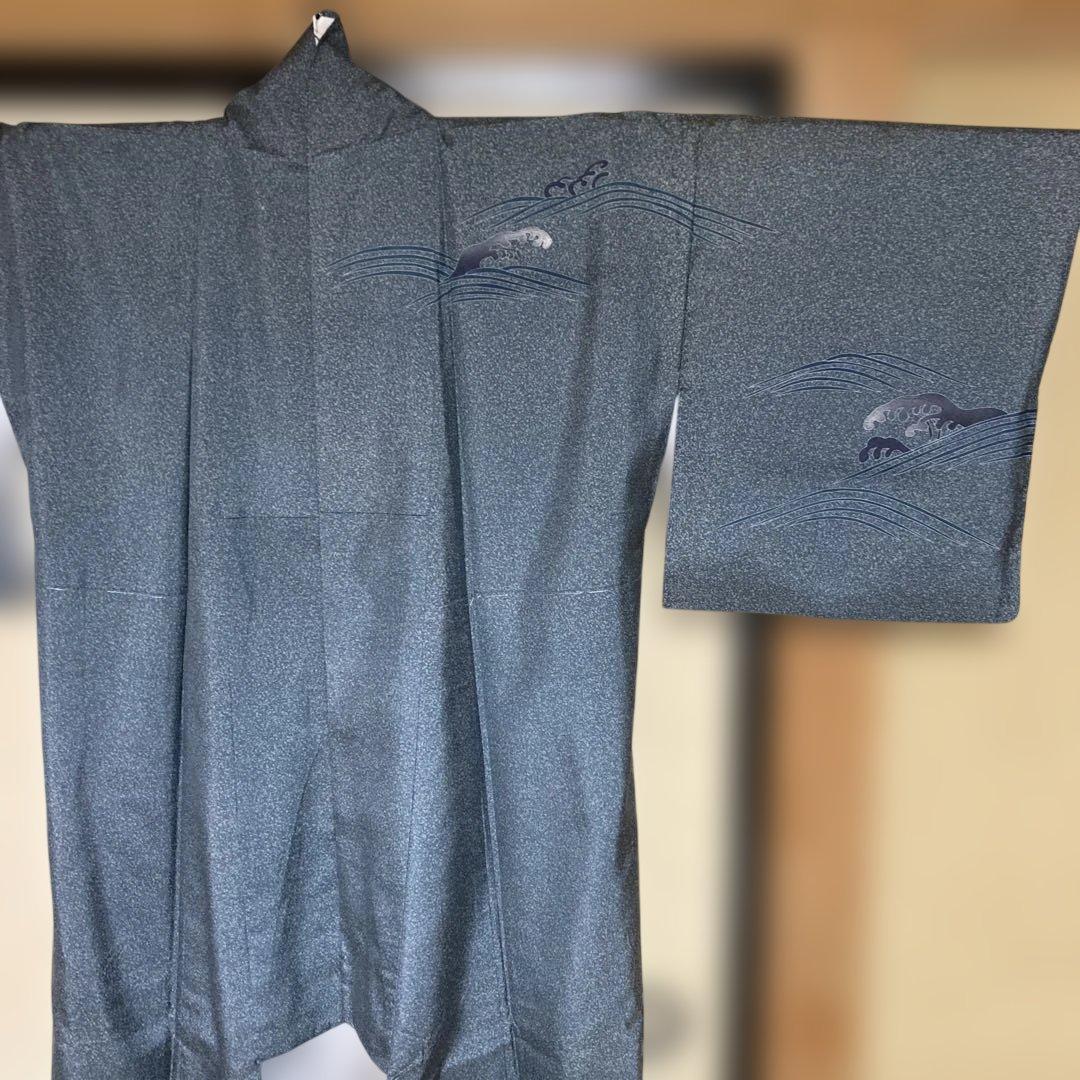 牛首紬叩き染め、訪問着、白山工房烙印￼