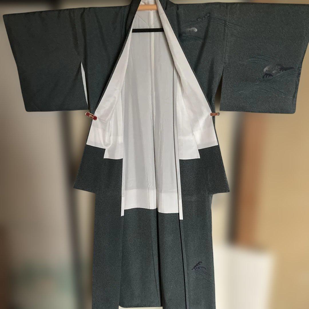 牛首紬叩き染め、訪問着、白山工房烙印￼