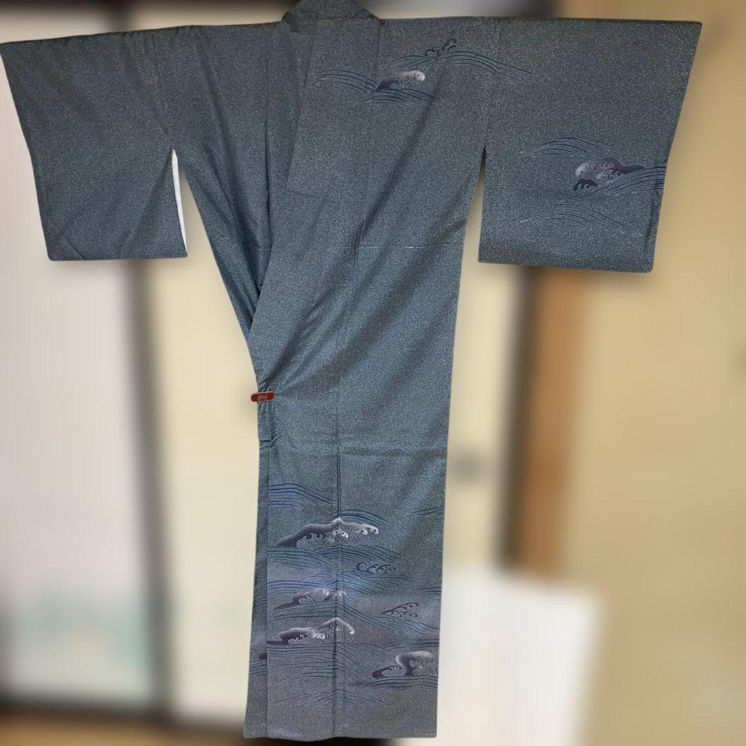 牛首紬叩き染め、訪問着、白山工房烙印￼