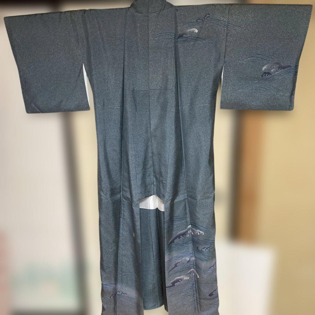 牛首紬叩き染め、訪問着、白山工房烙印￼